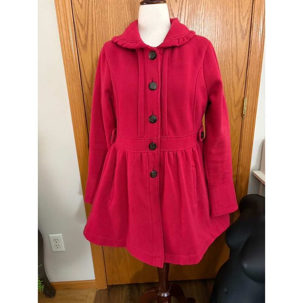 Baby Doll Red Ruffle Fit and Flare Button Down Pea Coat Jacket K36007 Large